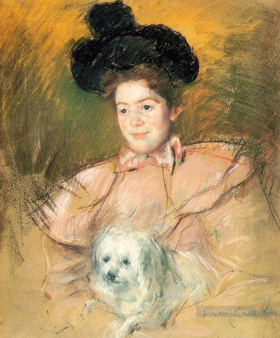 Mujer disfrazada de frambuesa sosteniendo un perro impresionismo madres hijos Mary Cassatt Pintura al óleo